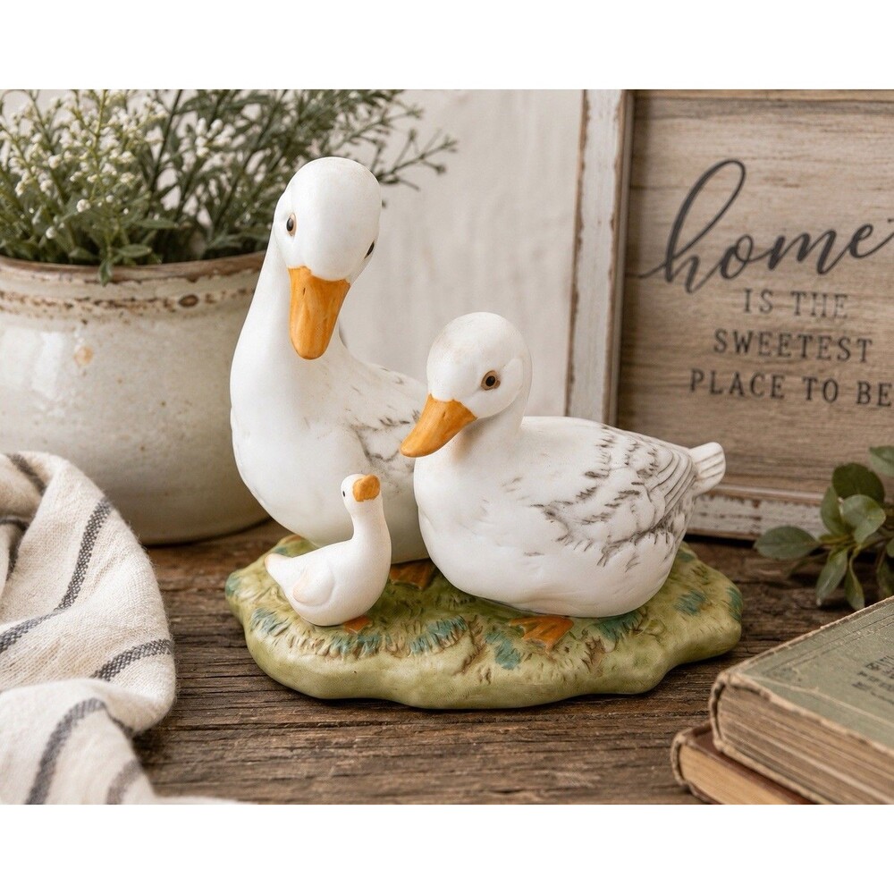 Vintage HOMCO Duck Family Figurine #1425 White Bisque Porcelain Farmhouse Decor